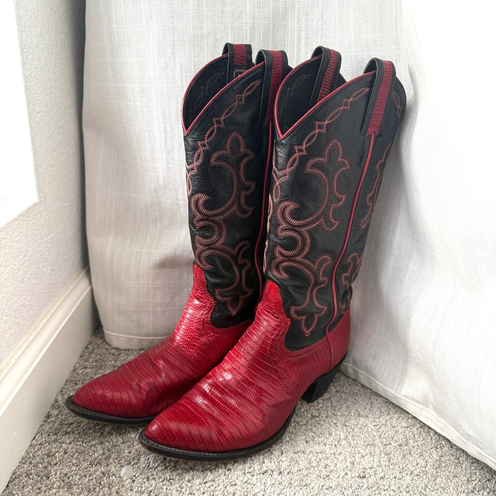 Vtg Larry Mahan Ruby Red Lizard Skin Black Leather Western Cowboy Boots 6.5 USA